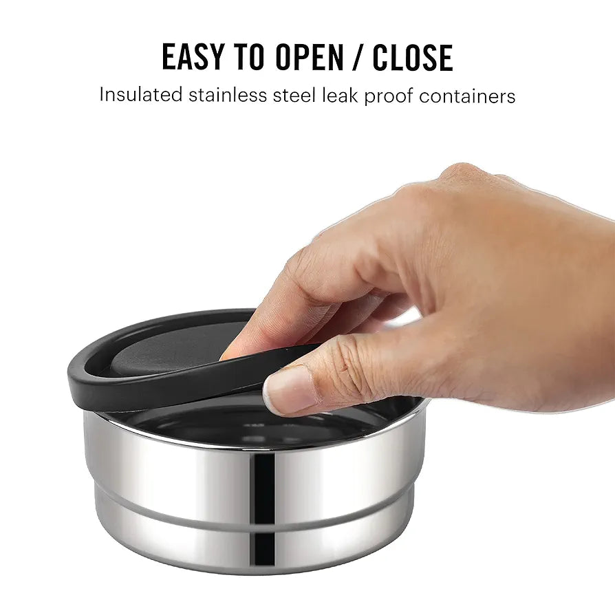 CELLO Double Treat Lunch Box with Fabric Jacket, Black | 2 Round Steel Containers & 1 Plastic Snack Box | Airtight, Leak-Proof & Odour-Free | Easy to Carry Tiffin for Office, School, College, Travel